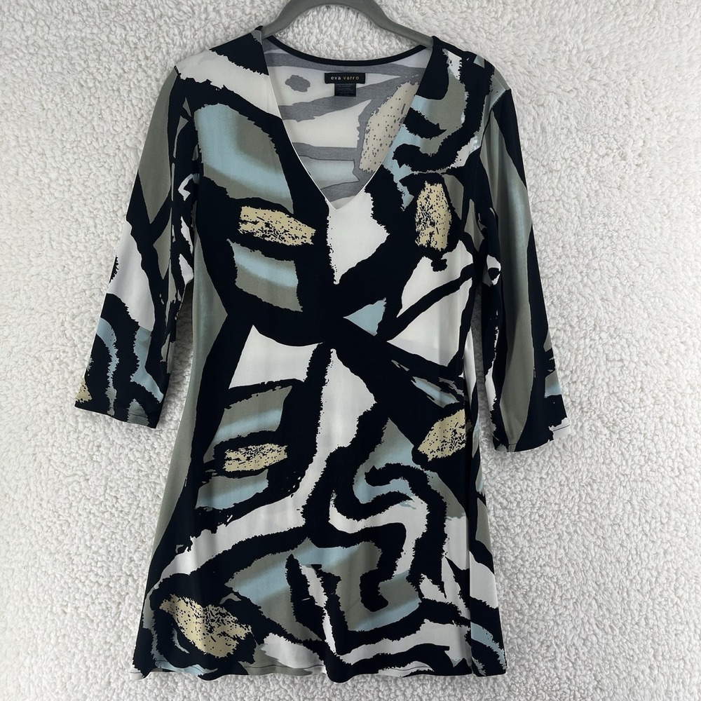Eva Varro Blouse Women's Medium Multicolor Geometric 3/4 Sleeve Tunic Top Artsy